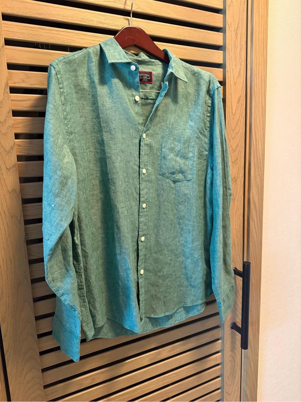 UNTUCKit Wrinkle-Resistant Linen Vin Santo Button-down Green Shirt Slim Fit L